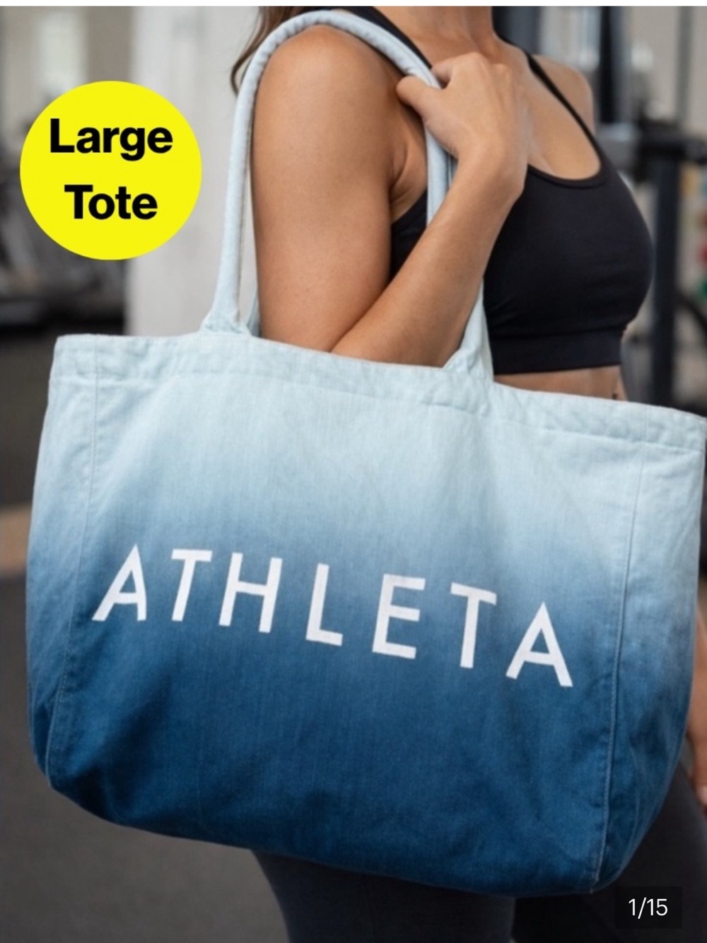 Athleta Tote Bag Womens Blue Ombre Canvas Logo Dip Dye Large Gym Beach Carryall